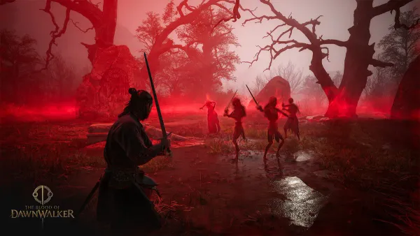 Sword combat in a red-mist forest, from the official Swordmastery bulletin
