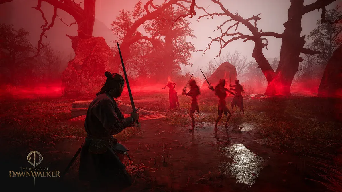 Sword combat in a red-mist forest, from the official Swordmastery bulletin