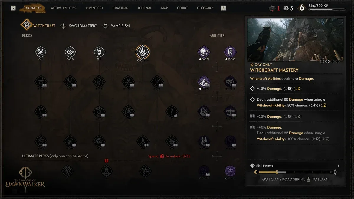 Witchcraft skill-tree menu in the official Skills and Power bulletin