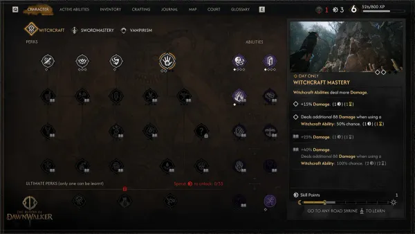 Witchcraft skill-tree menu in the official Skills and Power bulletin