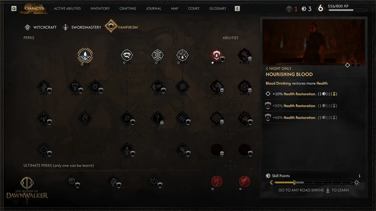 Vampirism skill-tree menu in the official Skills and Power bulletin