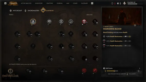 Vampirism skill-tree menu in the official Skills and Power bulletin