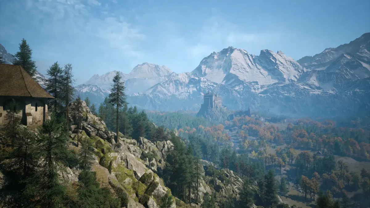 Mountains, forest and a castle in Vale Sangora, from the official open-world showcase